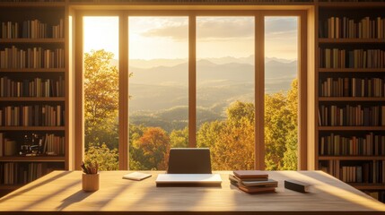 Canvas Print - A desk with a laptop and books in front of the window, AI