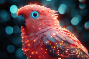 cyberpunk parrot with neon feathers augmented reality eyes and holographic wing patterns perched on floating circuit board