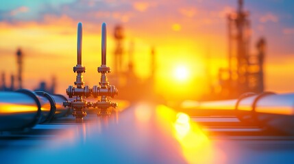 Sticker - Sunset over oil refinery with pipes and valves.