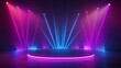 © Simon - Empty podium stage in a dark black room with neon lights. Round dais or platform with modern pink and blue light. Perfect for product presentation and advertisement.