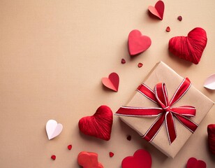 Heart from a red ribbon, gifts with a red ribbon and red hearts on a white stone background. Valentine's day background. Valentine's day concept. Flat lay. View from above.