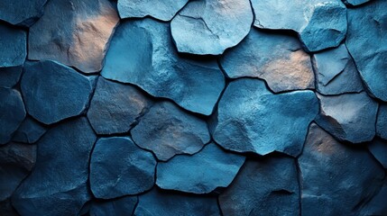 A blue stone wall with a blue and white pattern