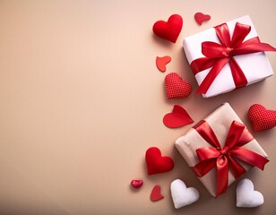 heart from a red ribbon, gifts with a red ribbon and red hearts on a white stone background. valenti