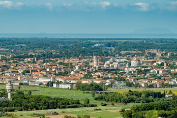 Aerial view of Pisa and Gorgona island from Monte Castellare, Italy