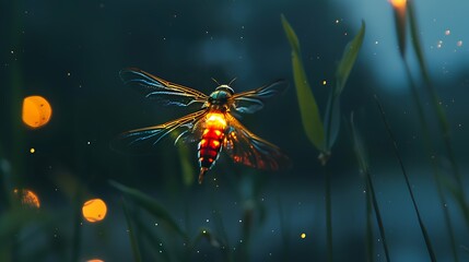 A firefly glowing in the darkness of a summer night.