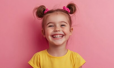 Poster - Portrait of a smiling girl on pink background with copyspace