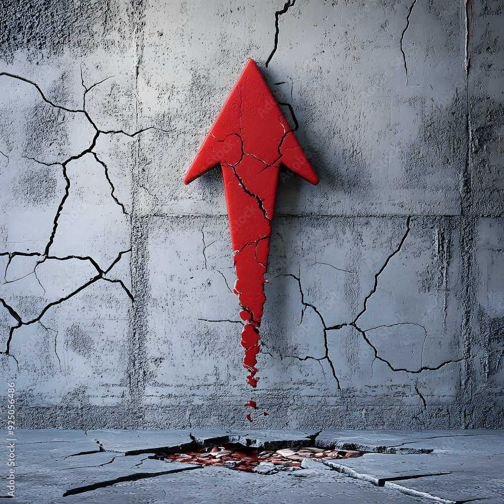 Red arrow pointing upward, breaking through concrete and splattered ...