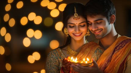 Indian couple holding diya oil lamp celebrating diwali festival together