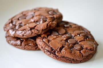 Sticker - Three freshly baked chocolate chip cookies are stacked and ready to be enjoyed as a sweet treat