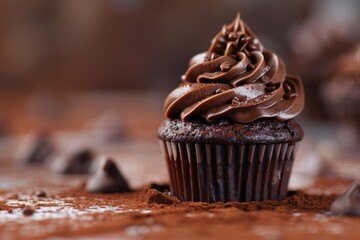 Chocolate cupcake with chocolate chips on top standing on cocoa powder with blurred background