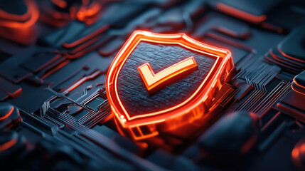 Canvas Print - Futuristic glowing shield icon with a checkmark symbol on a dark circuit board, representing cybersecurity and data protection.