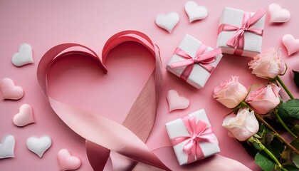 Heart shape border made of silver ribbon on pink background. Valentine's day greeting card mockup, minimal flat lay style composition with copy space.