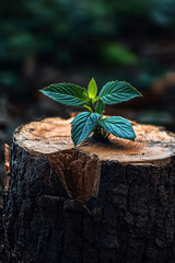 Wall Mural - Tree stump in the forest with a new sapling plant growing out of it. Rebirth wildlife recovery concept.