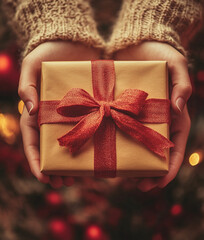 Female hands holding gift box with red ribbon