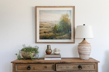 Wall Mural - A rustic wooden frame hangs on the wall above an oak sideboard, holding a vintage landscape painting. The frame is simple and weathered, with natural tones of light brown or beige.