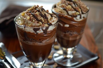 Sticker - Two delicious chocolate dessert parfaits topped with whipped cream, chocolate shavings and drizzled with chocolate sauce are being served in elegant stemmed glasses