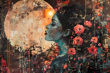 Canvas Print - Woman with Flowers Under the Moon