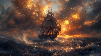 Canvas Print - Sailboat Navigating Through Fiery Skies.