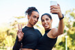 © peopleimages.com - Selfie, portrait and friends with peace, workout and diversity of women in park, exercise and happy. Outdoor, girls and profile picture for content creation, summer and fitness influencer in woods