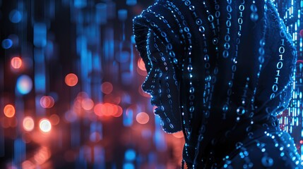 Silhouetted hacker figure in a hoodie with binary code overlay on a colorful bokeh background. Concepts of cybersecurity, data protection, and digital identity.