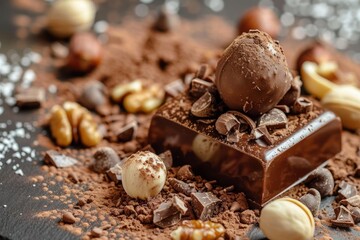 Poster - Chocolate truffle resting on chocolate bar surrounded by cocoa powder, chocolate curls and nuts on a dark background