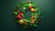 © vefimov - Close-up of a circular holiday wreath made from fresh and vibrant fruits and vegetables, symbolizing healthy eating and celebrating the joy of natural produce.