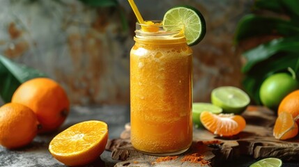 A refreshing beverage made of oranges and lime, presented in a jar, garnished with slices of orange and lime.