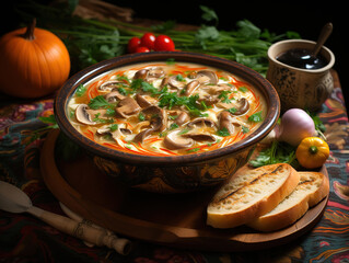 Wall Mural - Belarusian mushroom soup in crispy homemade bread