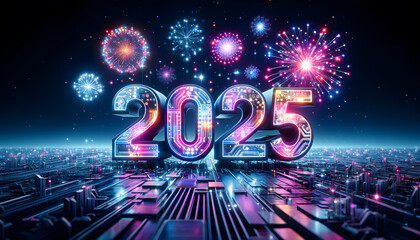 Stunning futuristic 2025 new year with vibrant colorful fireworks display and a sleek modern cityscape backdrop  Representing progress innovation and the excitement of the coming year