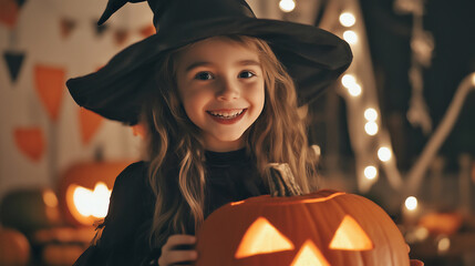 A cute little girl in a witch costume holding a Halloween pumpkin, smiling at the camera. Halloween decorations are in the background. 