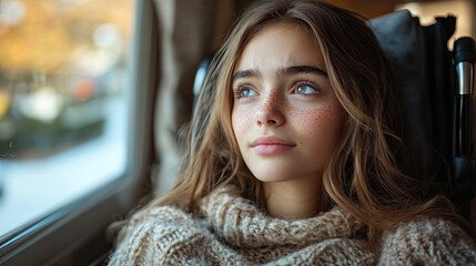 Wall Mural - girl sitting in a wheelchair and looking out of the window unhappy teenage