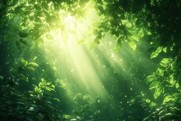 Wall Mural - dreamy bokeh effect of sunlight filtering through lush green foliage creating a soft ethereal forest atmosphere