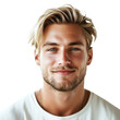 © Dirk - Portrait of handsome blonde European male model looking with a smile on face, isolated on transparent background. Attractive masculine model, blond hair. Design element for poster, publicity.