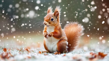 Canvas Print - A squirrel sitting on the ground in a snow covered field, AI