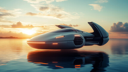 Wall Mural - 3d rendering of a speedboat floating in the sea at sunset