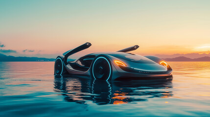 Wall Mural - 3D rendering of a sports car in the water at sunset.