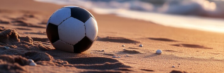 There is a soccer ball on the golden sand of a tropical beach, a picture of summer, relaxation, and sport.