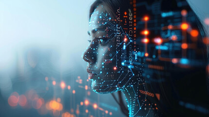Female and digital worlds converging in a portrait of technology woman brain glowing Big data AI analytic with AI machine learning concept
