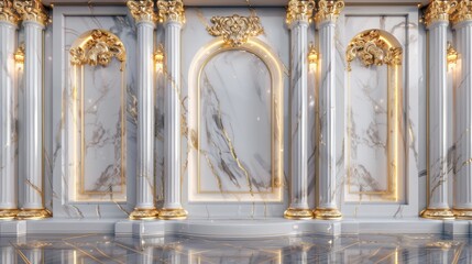 Wall Mural - Elegant interior featuring marble walls, golden accents, and ornate columns, perfect for luxury design projects.