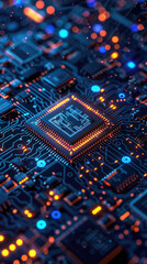 Wall Mural - Quantum computer interior, photo realistic with AI chips and electronic circuit board, dark digital style for technology website banner.