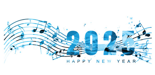 Happy 2025 New Year vector illustration. Happy New Year banner with musical notes for seasonal holiday greeting cards, flyers and party invitations	