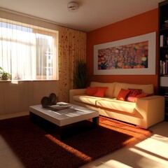 Wall Mural - Modern Living Room Interior Design With Orange Wall