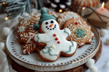 Sticker - Christmas gingerbread cookies decorated with white and blue icing on white plate on festive table