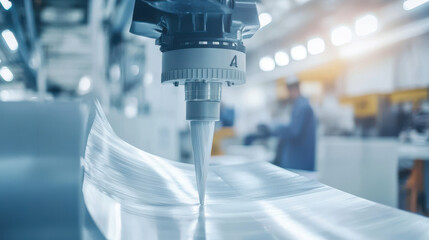 Close-up of a wind turbine blade being manufactured in a high-tech facility