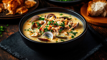 Sticker - A delicious bowl of clam chowder garnished with fresh herbs, served alongside crusty bread on a dark slate surface.