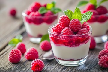 Wall Mural - Fresh raspberry yogurt parfaits in glass cups