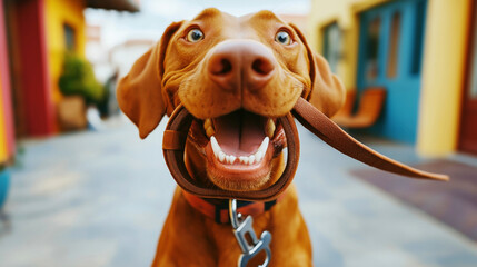 Poster - Close-up of a happy dog holding a leash in its mouth, with colorful buildings in the background.