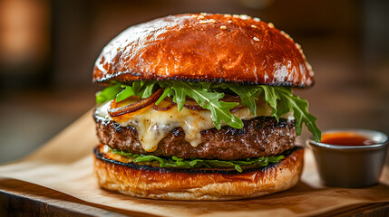 Wall Mural - Closeup of a juicy cheeseburger with melted cheese crisp lettuce ripe tomato and flavorful condiments served on a soft and toasted sesame seed bun