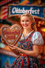 Wall Mural - Blonde Woman at Oktoberfest Holding Heart-Shaped 2024 Cookie. A smiling young woman with blonde hair and light skin holds a large gingerbread cookie, celebrating Oktoberfest in 2024.
