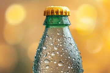 Poster - A chilled bottle of sparkling water with condensation droplets, isolated on a pastel beige background,